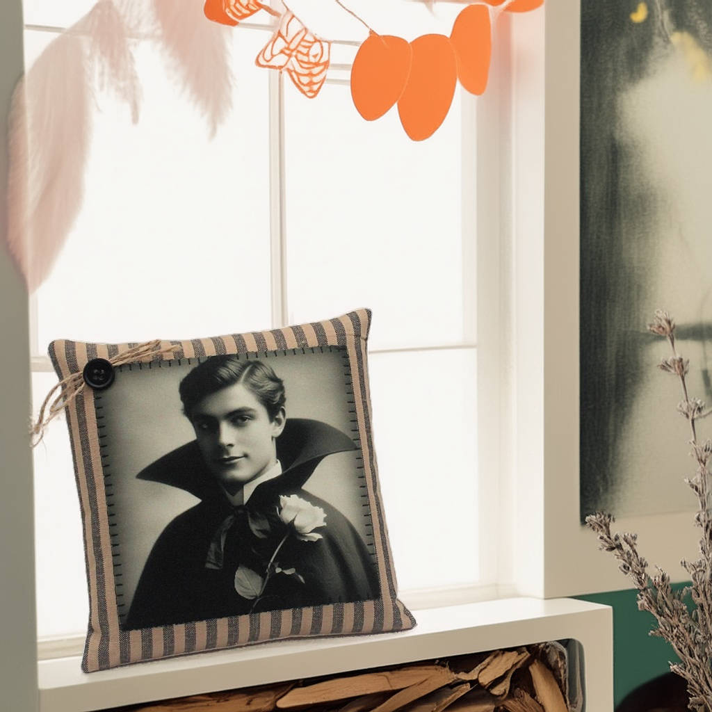 Decorative pillow with a black and white portrait of a handsome young vampire on a shelf.