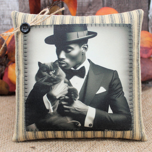 Handsome Man with Cat Pillow Tuck Home Decor
