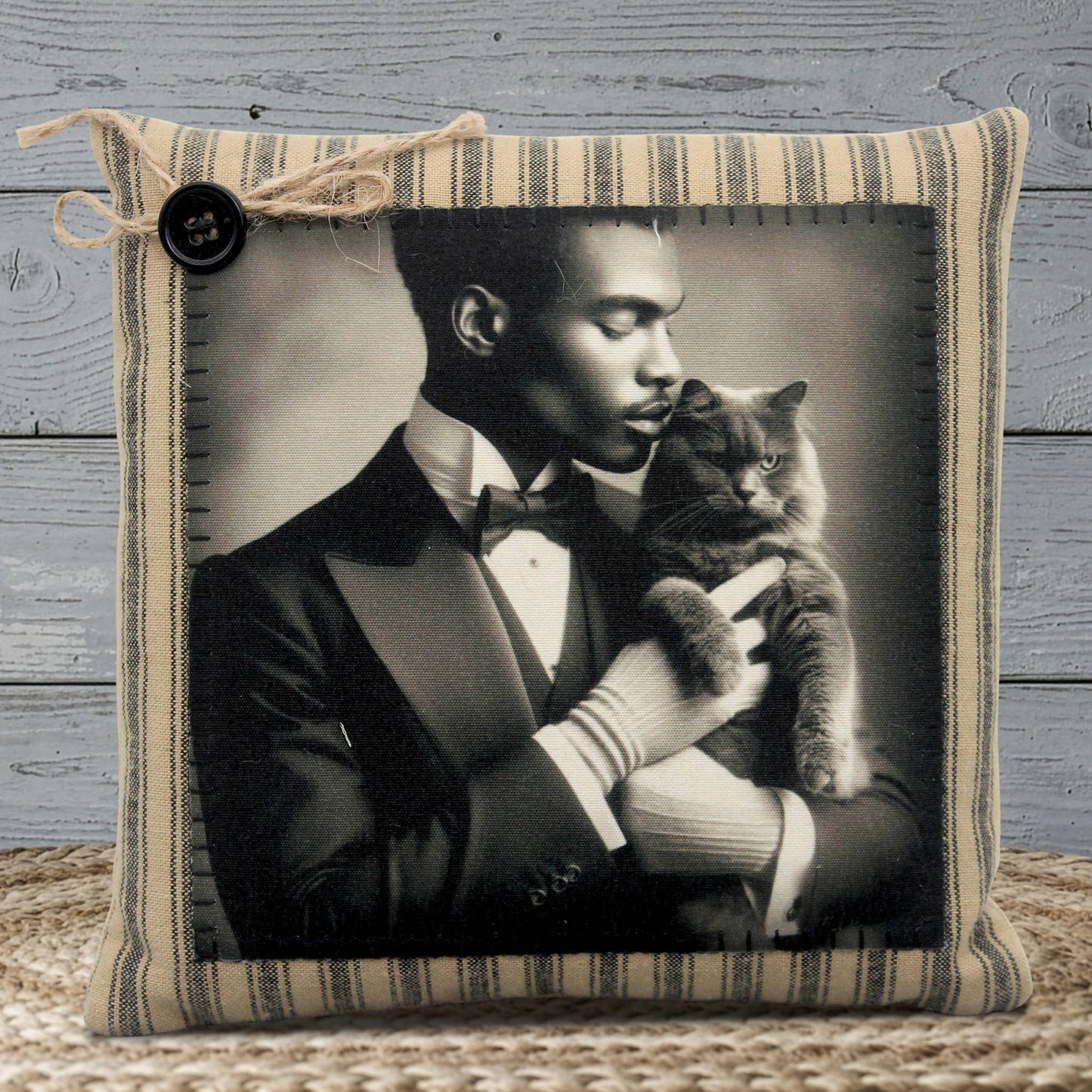 Pillow with a vintage-style photo of a man in a suit holding a cat, framed in a striped fabric border.