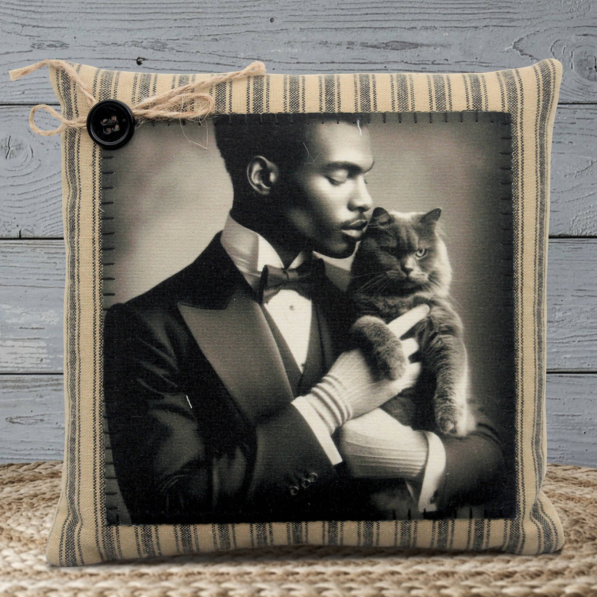 Pillow with a vintage-style photo of a man in a suit holding a cat, framed in a striped fabric border.