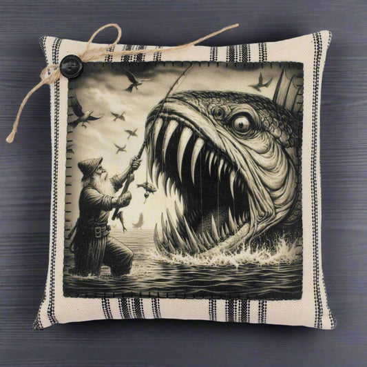 Decorative pillow with a black and white illustration of a fisherman and a large fish