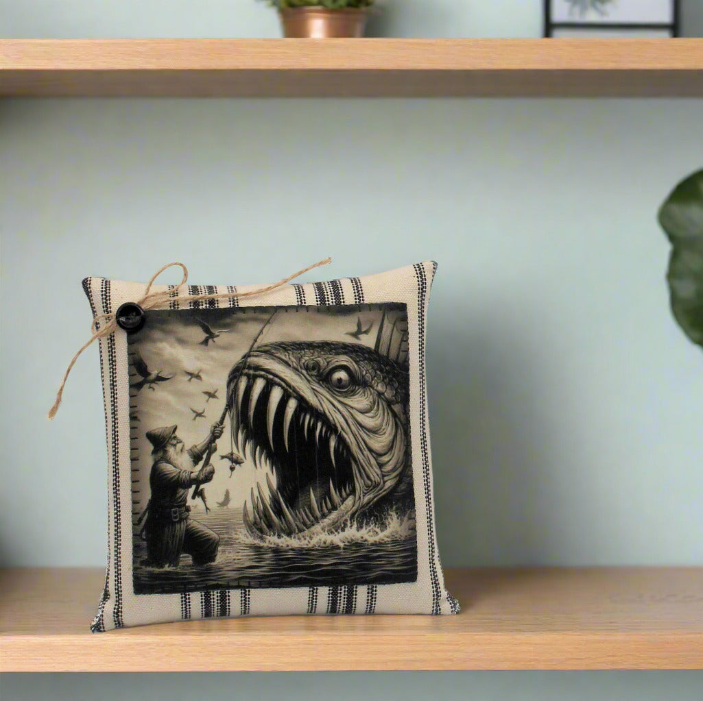 Decorative pillow with a monster fish and fisherman design