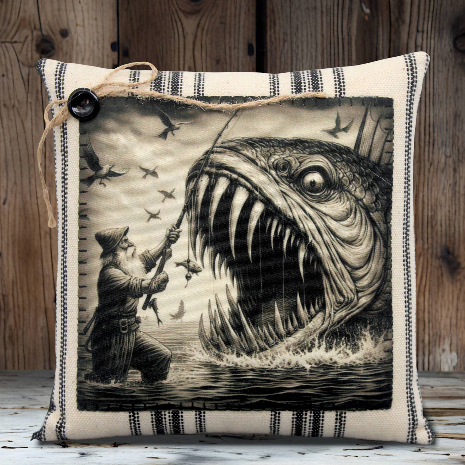 Decorative pillow with a black and white illustration of a fisherman and a large fish with huge teeth