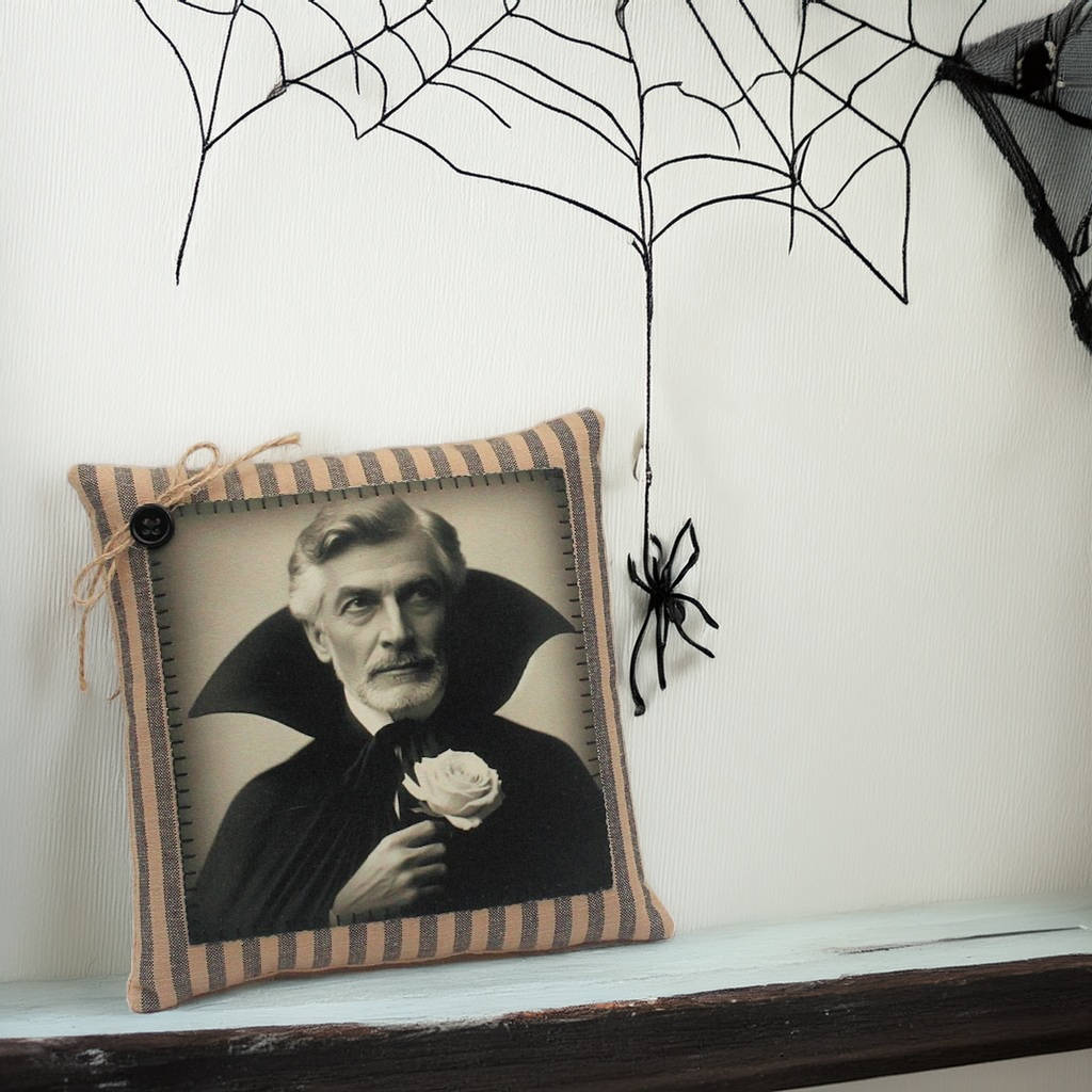Decorative pillow with a vampire design on a shelf with Halloween decorations.
