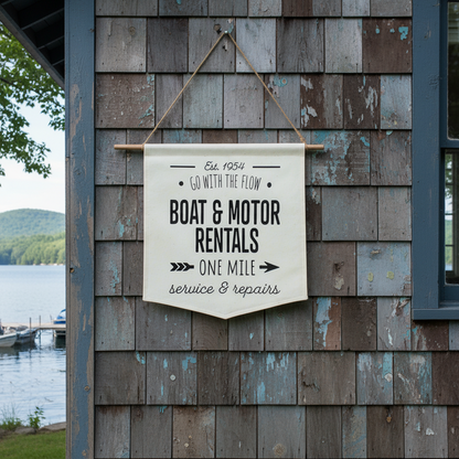 Sign on a wooden building by a lake with text about boat and motor rentals.