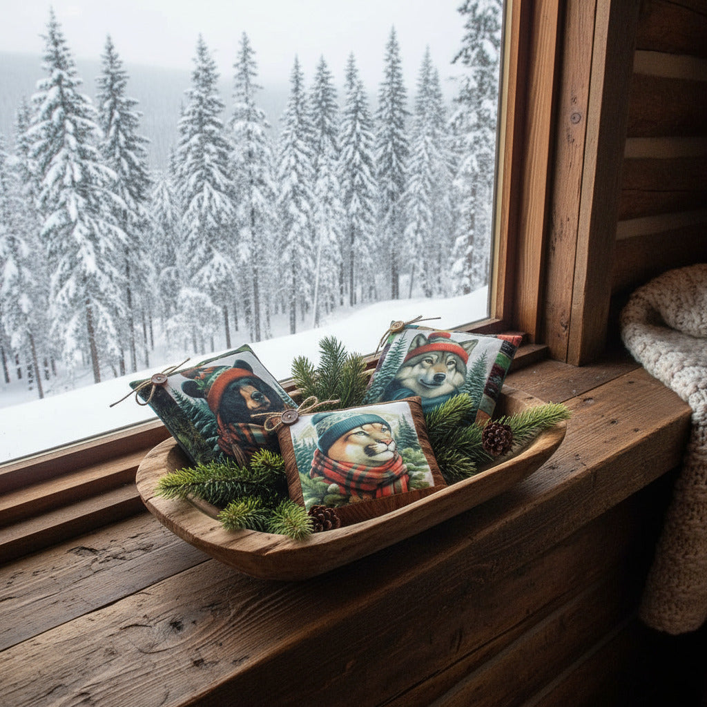 Decorative pillows with animal illustrations wearing hats and scarves on a wooden tray.