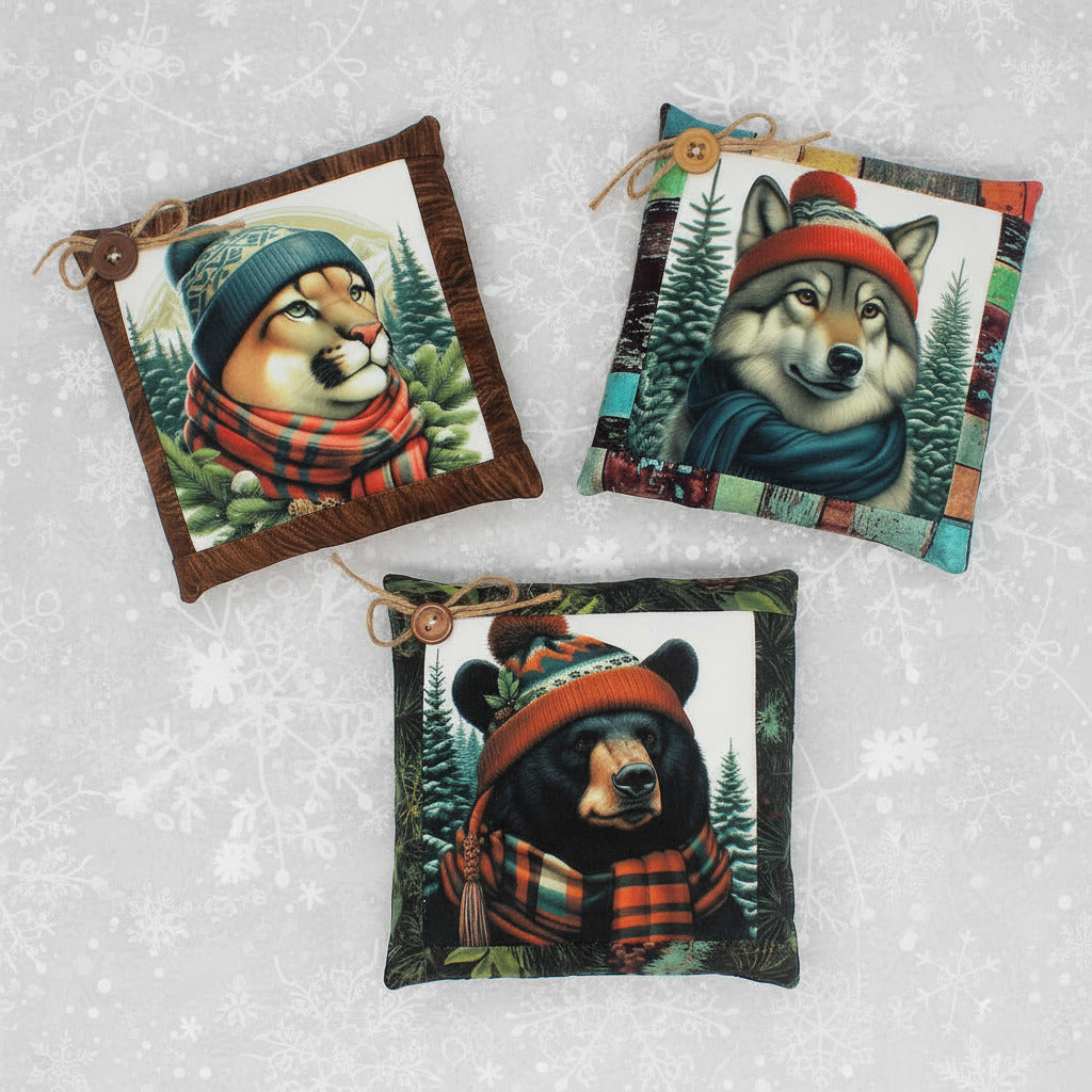 Three decorative pillows featuring animals wearing hats and scarves on a white background