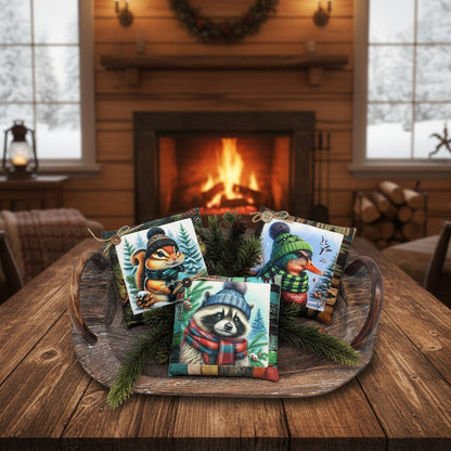 Three decorative mini pillow tucks with animal illustrations on a wooden tray.