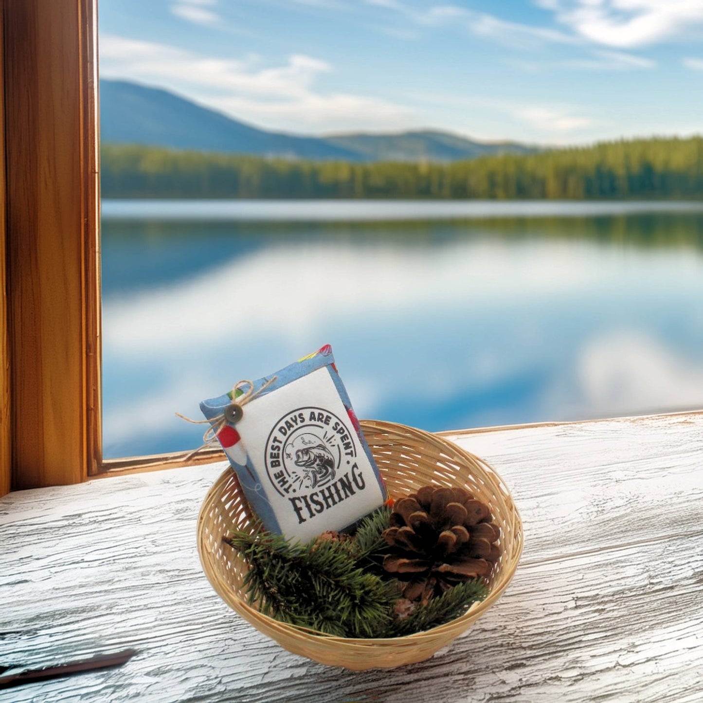 A basket with a fishing-themed pillow tuck, pine and pine cones on a windowsill looking out onto a mountain lake