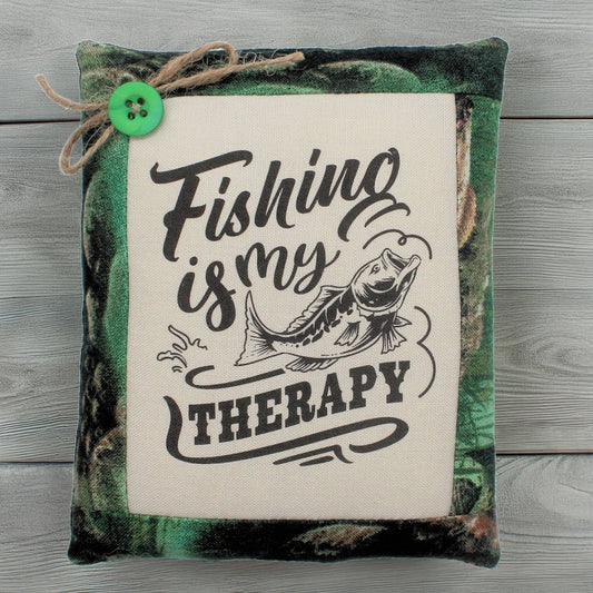 Pillow with 'Fishing is my Therapy' text and fish illustration