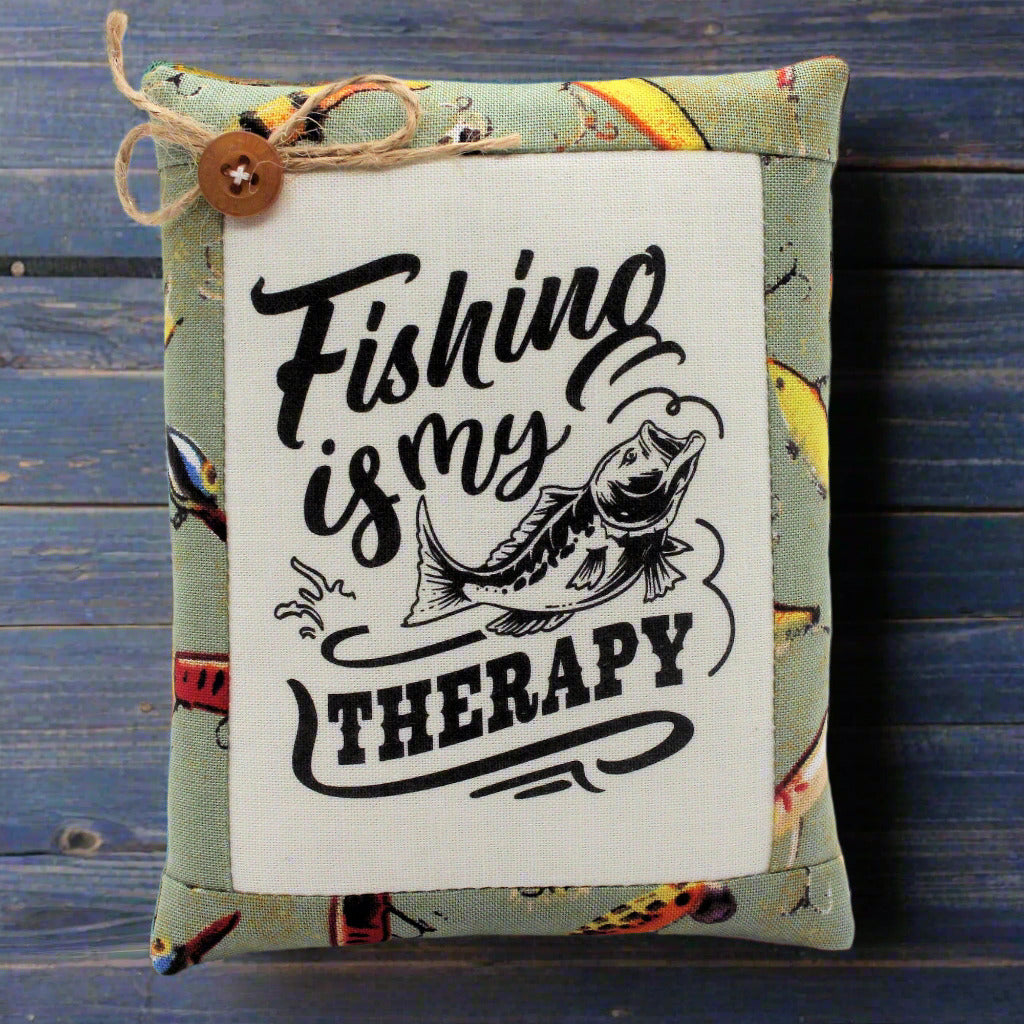 Mini pillow bowl filler with 'Fishing is my Therapy' text and fish illustration on a colorful background.
