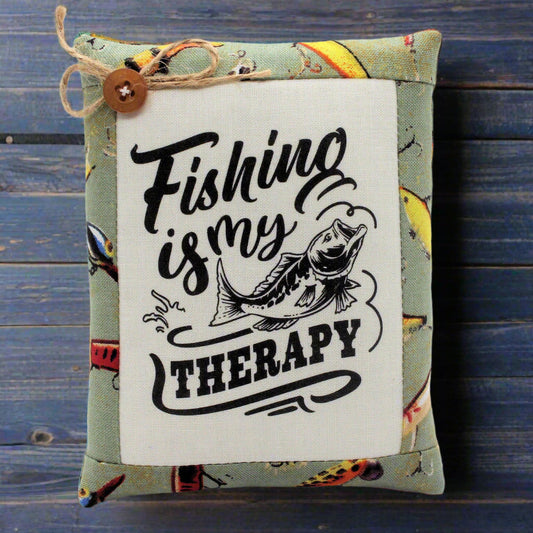 Mini pillow bowl filler with 'Fishing is my Therapy' text and fish illustration on a colorful background.