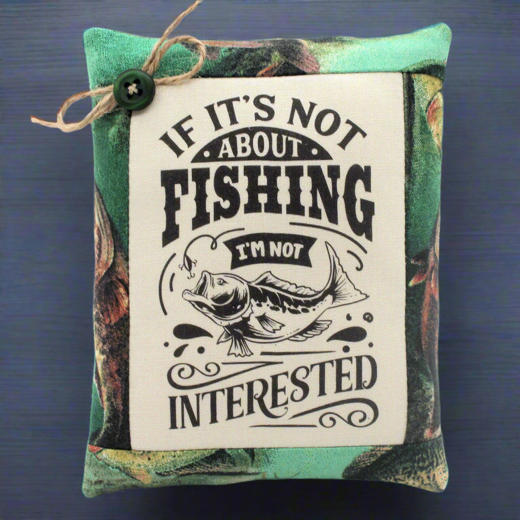Pillow bowl filler with fishing-themed text and graphic on a blue background