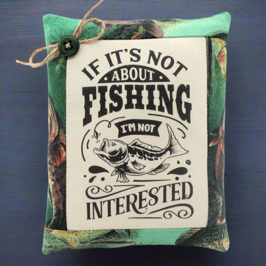 Pillow bowl filler with fishing-themed text and graphic on a blue background