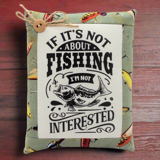 Pillow bowl filler with fishing-themed design and text on a white background