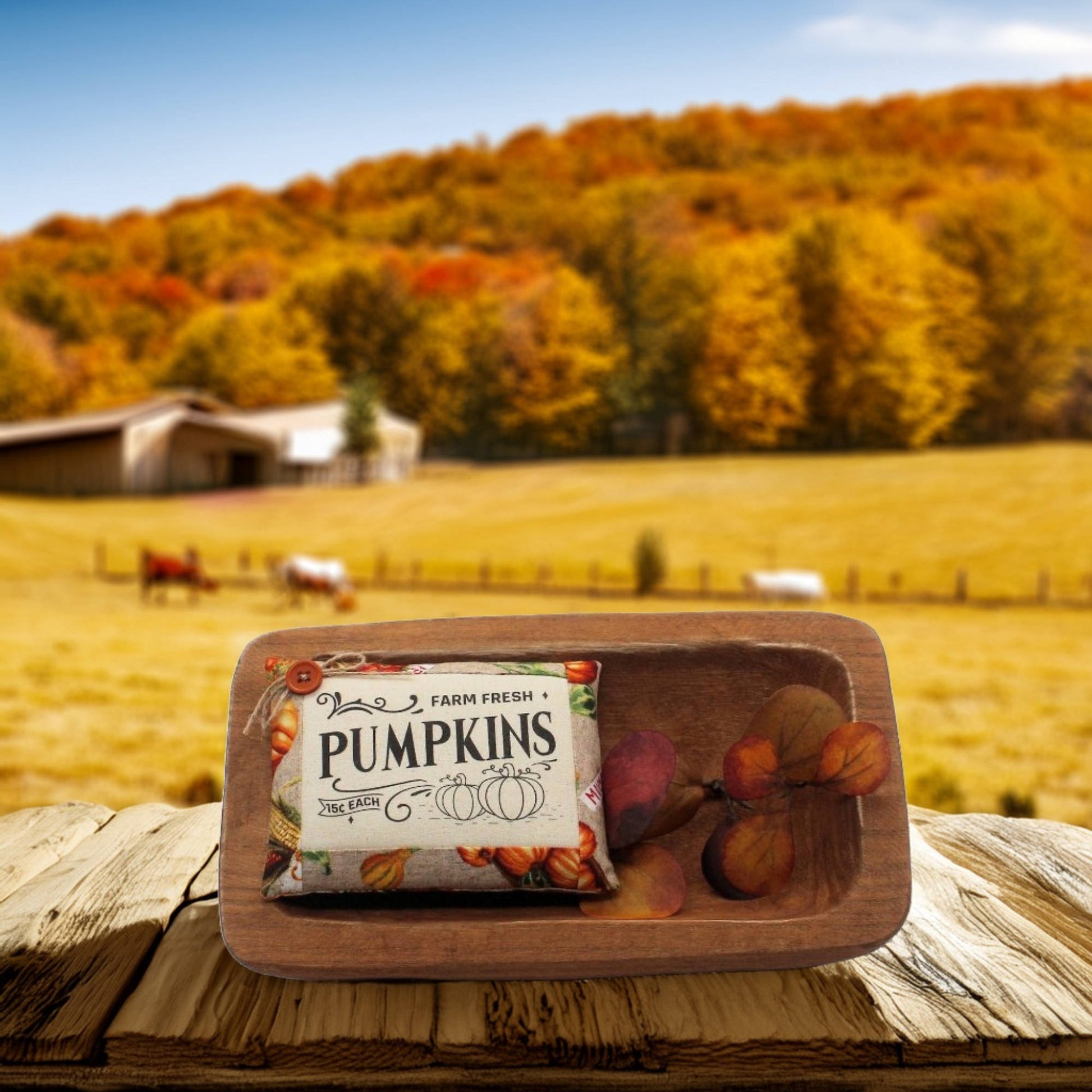 Wooden tray with 'Farm Fresh Pumpkins' packaging against a scenic autumn landscape.
