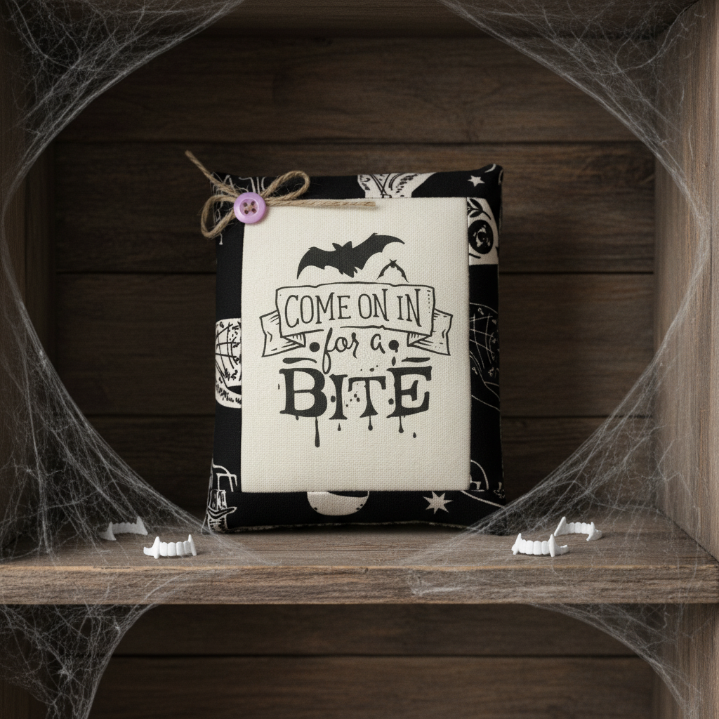 Decorative sign with Halloween text and bat design on a wooden shelf with spider webs.