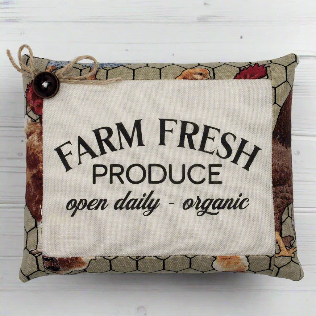 Decorative mini pillow bowl filler with 'Farm Fresh Produce' text on a white background