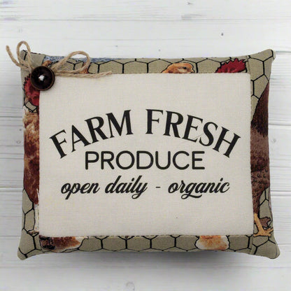 Decorative mini pillow bowl filler with 'Farm Fresh Produce' text on a white background