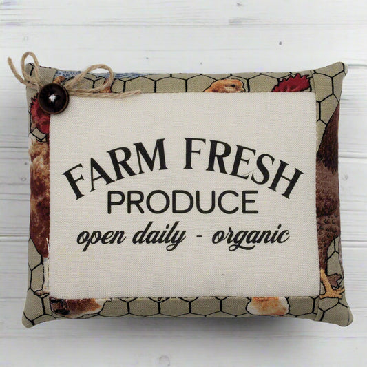Decorative mini pillow bowl filler with 'Farm Fresh Produce' text on a white background