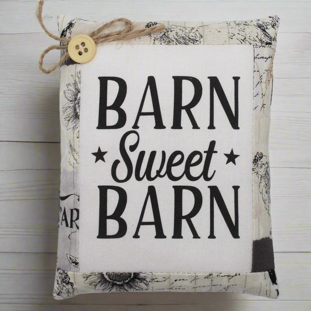 Fabric mini pillow bowl filler sign with 'Barn Sweet Barn' text on a white background