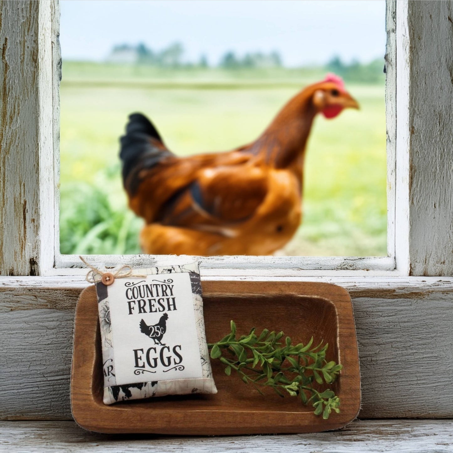 Wooden tray with 'Country Fresh Eggs' sign and a chicken in the background