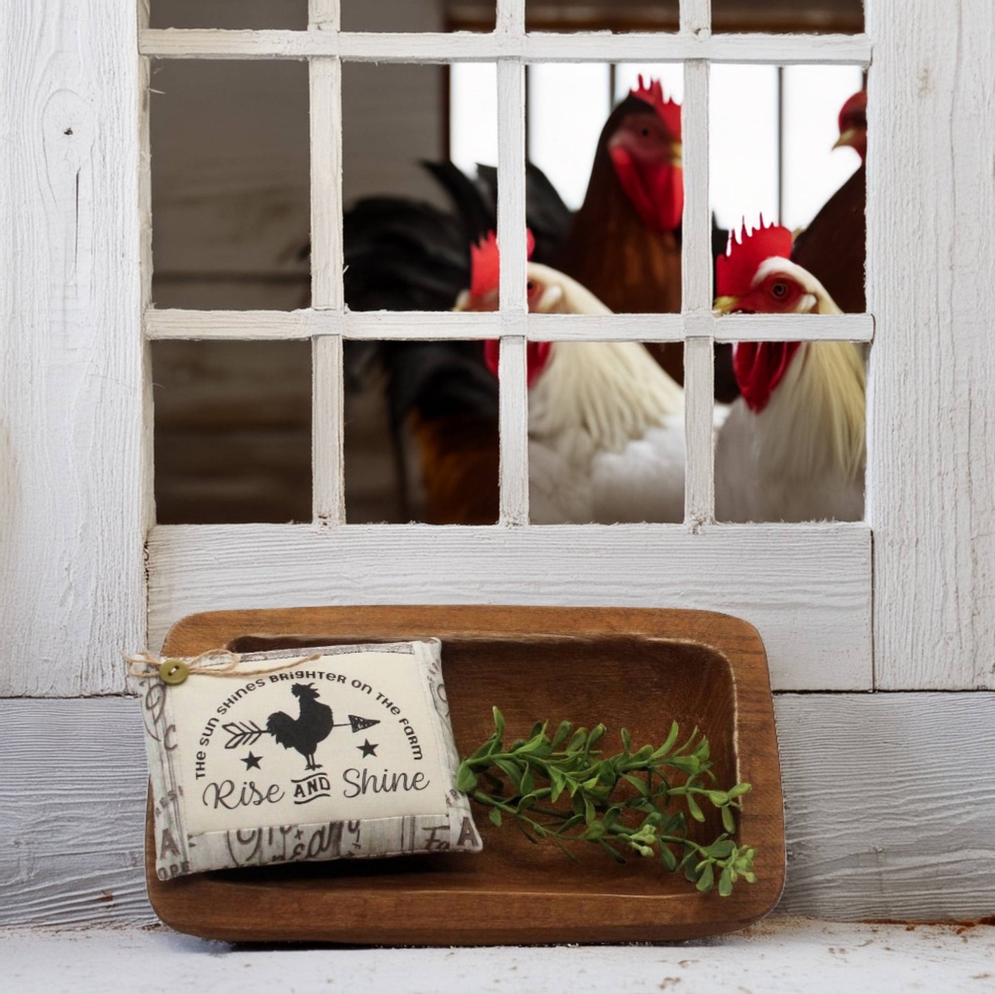 Decorative tray with rooster-themed pillow tuck and plant, behind a window with roosters outside.