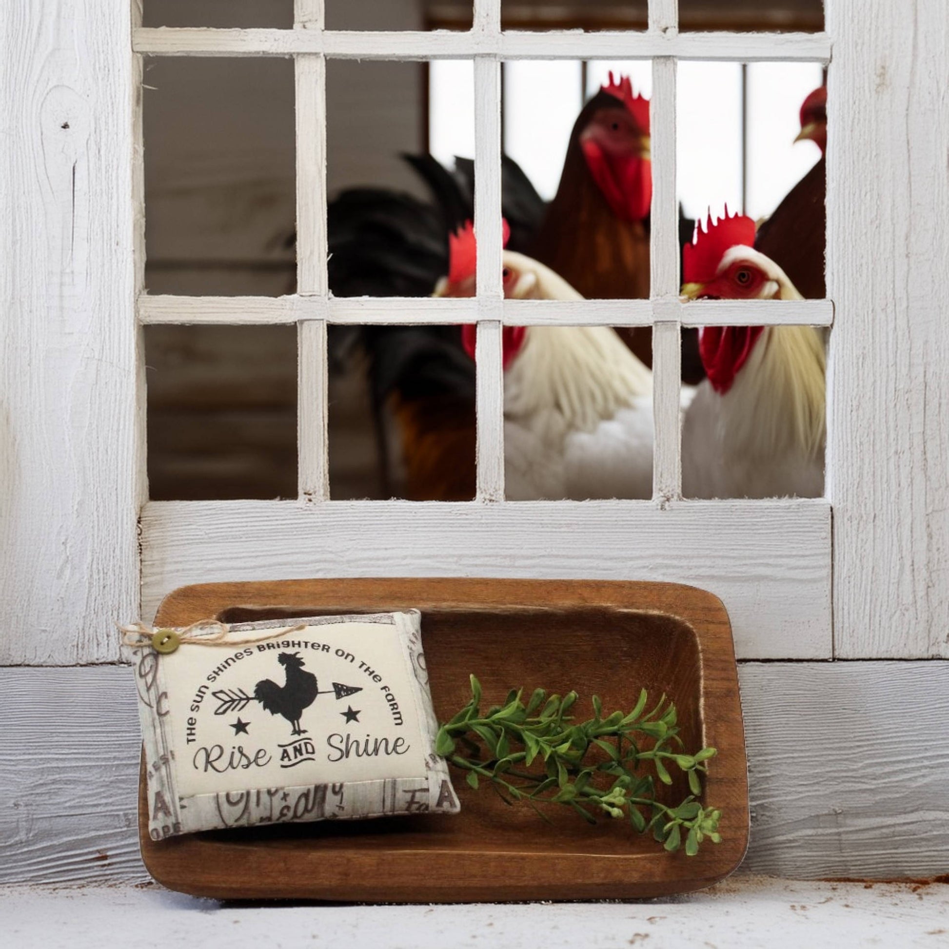 Decorative tray with rooster-themed pillow tuck and plant, behind a window with roosters outside.