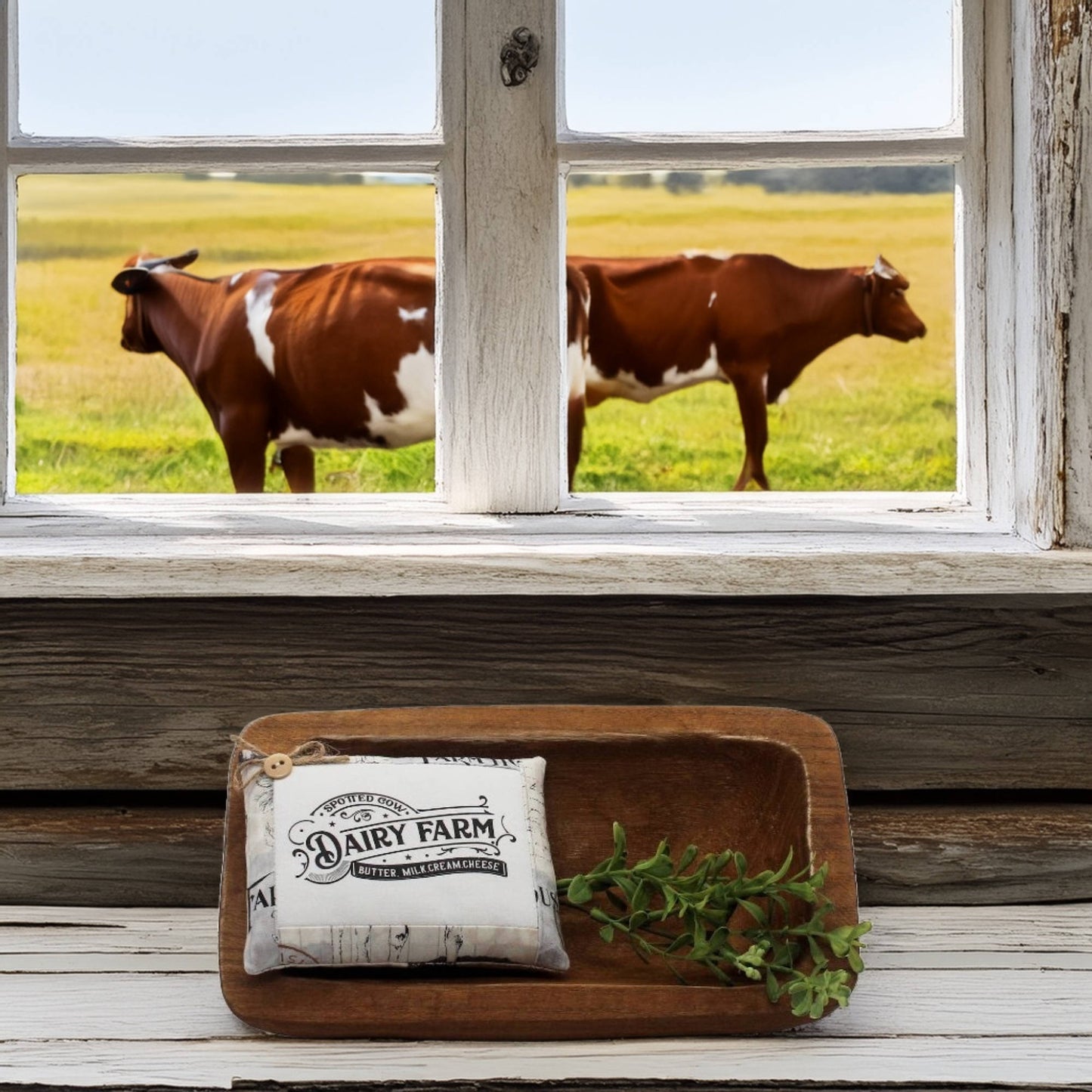 Dairy Farm mini pillow bowl filler on a wooden tray with cows visible through a window in the background.