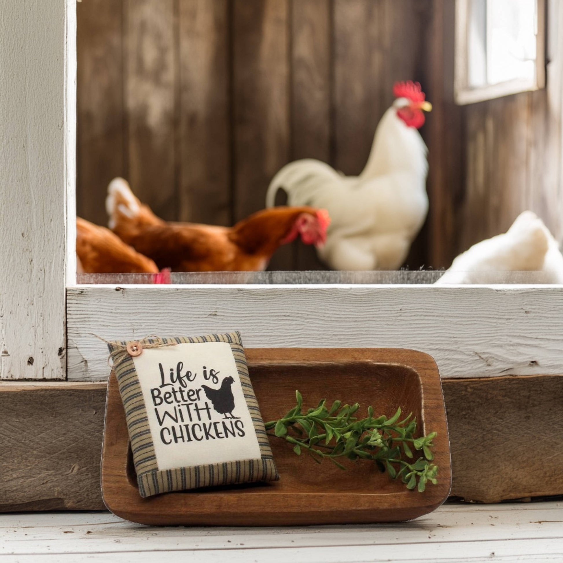 Decorative sign with 'Life is Better With Chickens' text in front of a window with chickens outside.