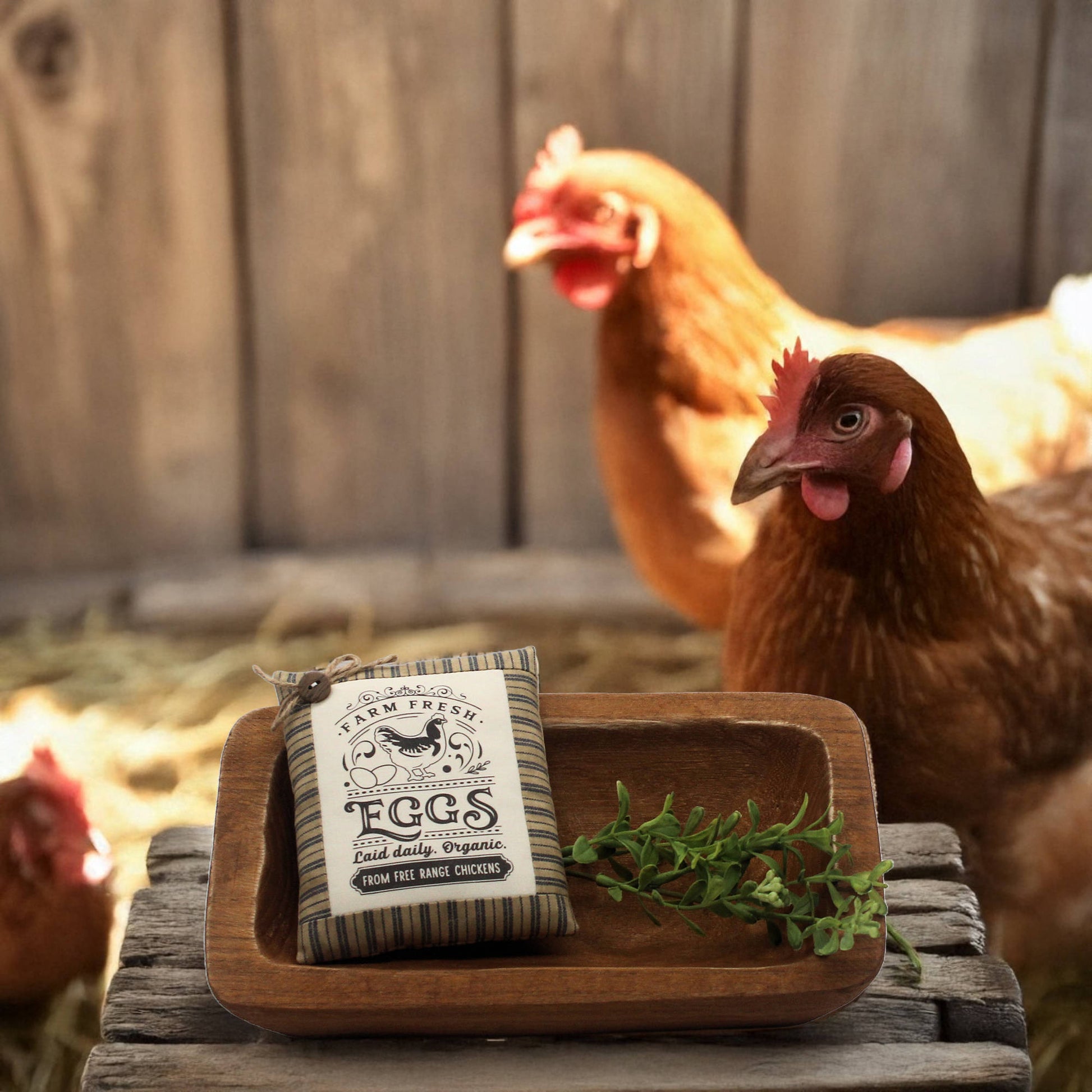 Wooden tray with an eggs mini pillow bowl filler and a chicken in a rustic setting