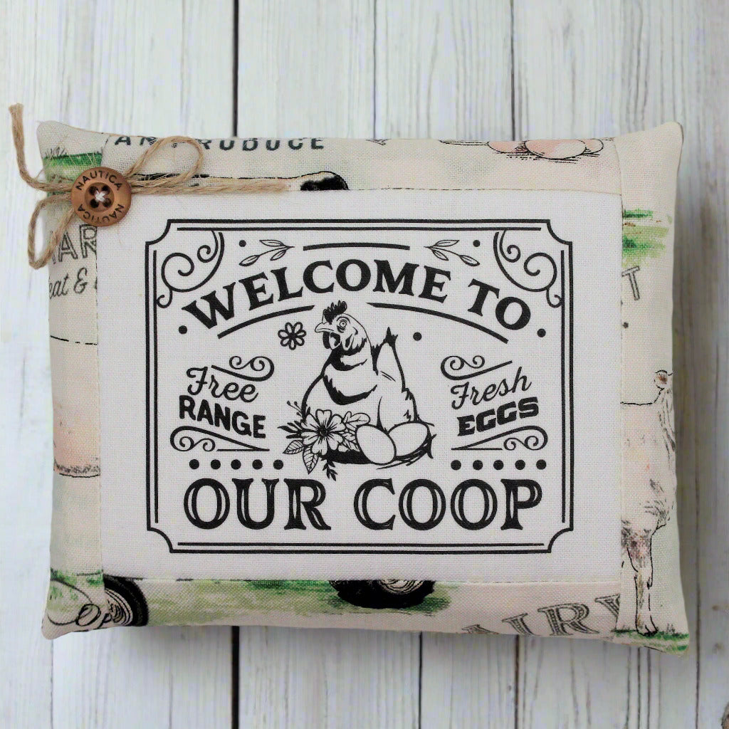 Decorative mini pillow bowl filler sign with 'Welcome to Free Range Fresh Eggs Our Coop' text on a white background