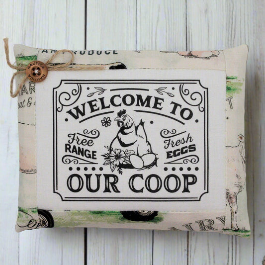 Decorative mini pillow bowl filler sign with 'Welcome to Free Range Fresh Eggs Our Coop' text on a white background
