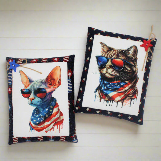 Set of two mini pillow bowl fillers with images of cool patriotic cats