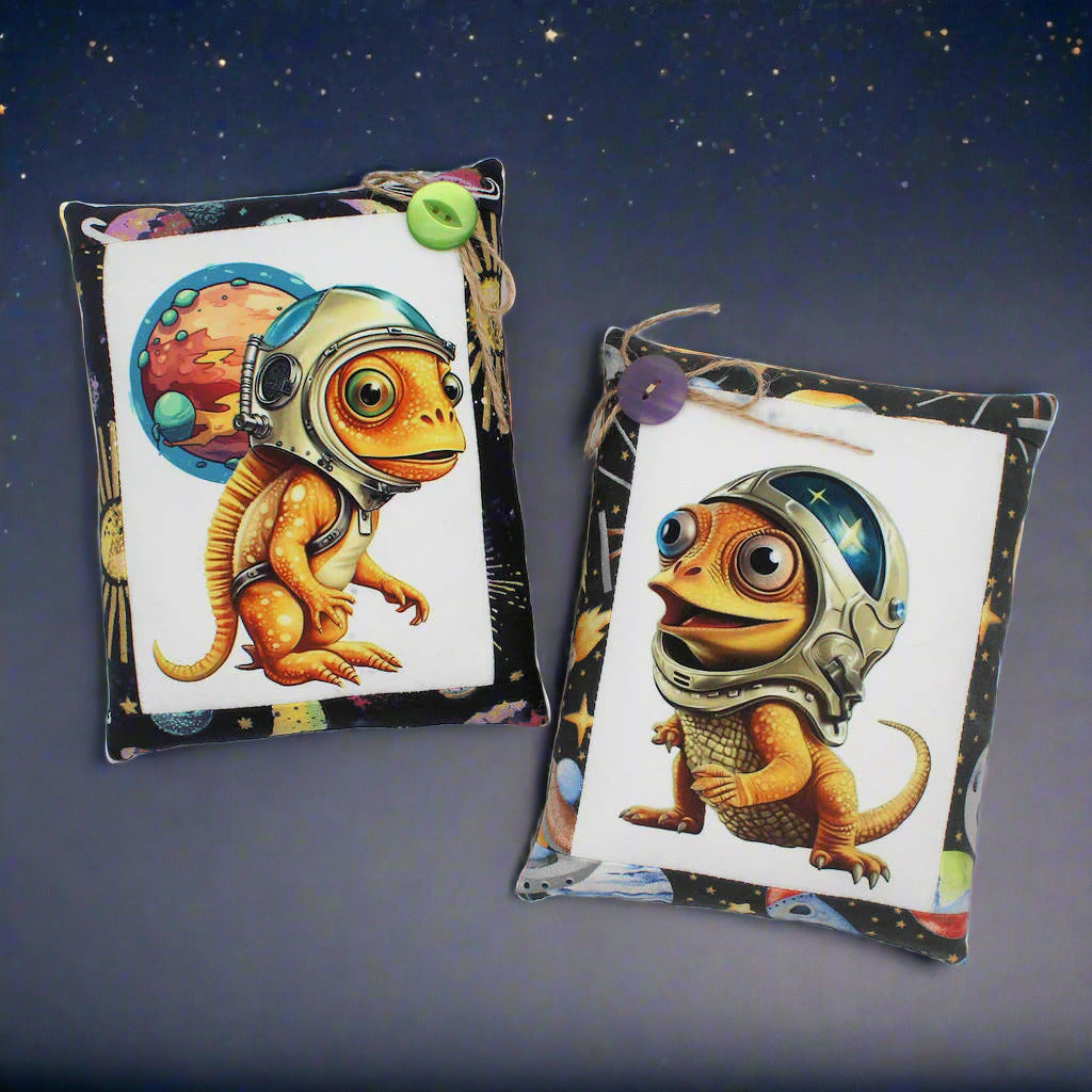 Set of two mini pillow bowl fillers with images of cute chameleon astronauts
