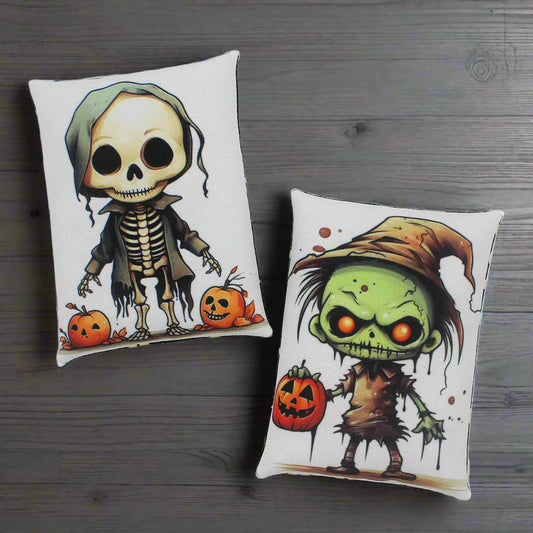 Set of two Halloween mini pillow bowl fillers with a cute zombie and skeleton