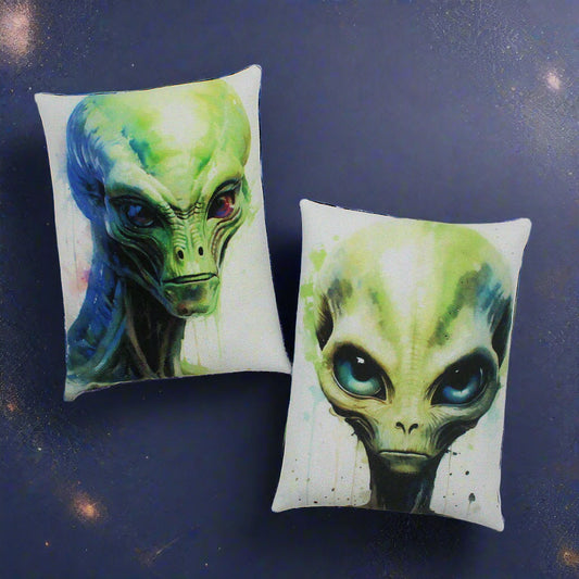 Set of two Halloween mini pillow bowl fillers with creepy space aliens