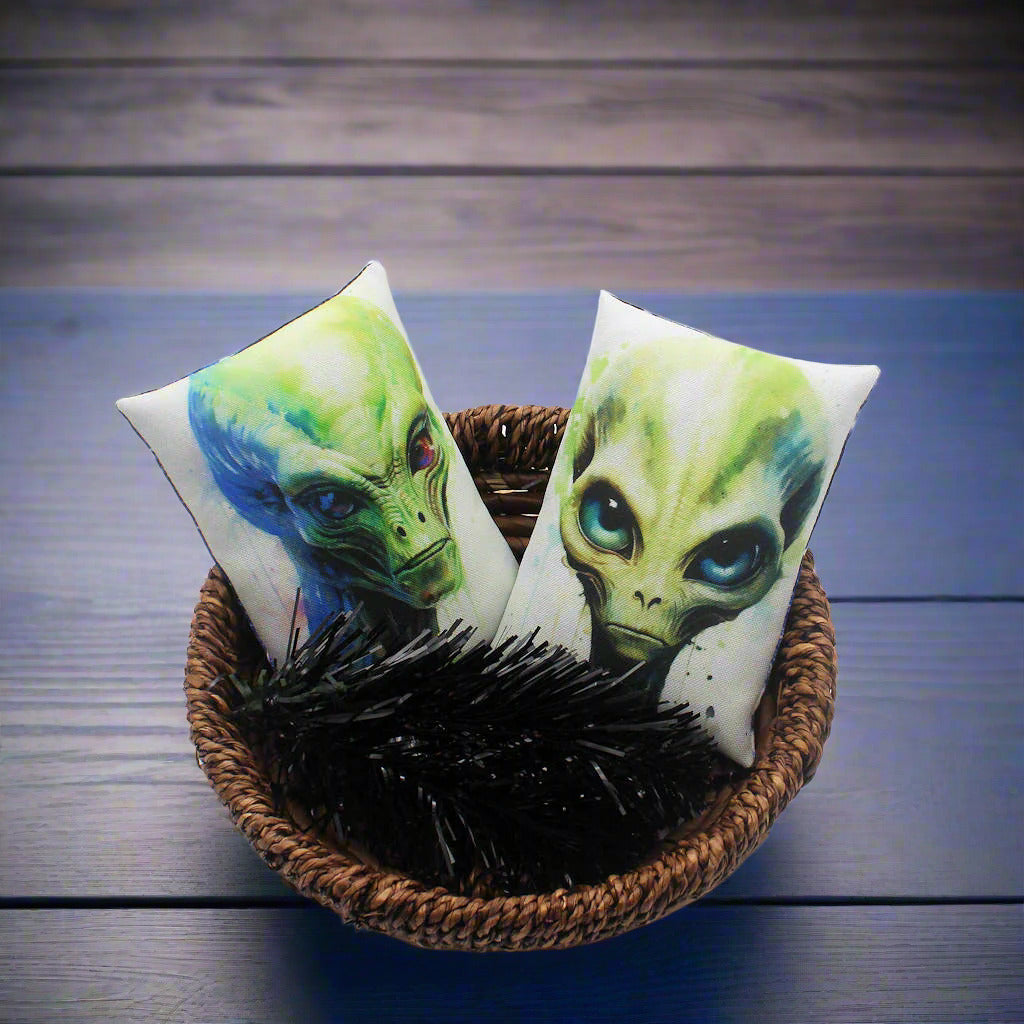 Set of two Halloween mini pillow bowl fillers with creepy space aliens