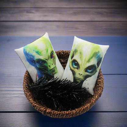 Set of two Halloween mini pillow bowl fillers with creepy space aliens