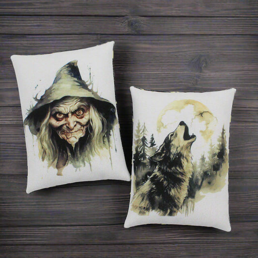 Set of two Halloween mini pillow bowl fillers with a creepy old witch and a howling werewolf