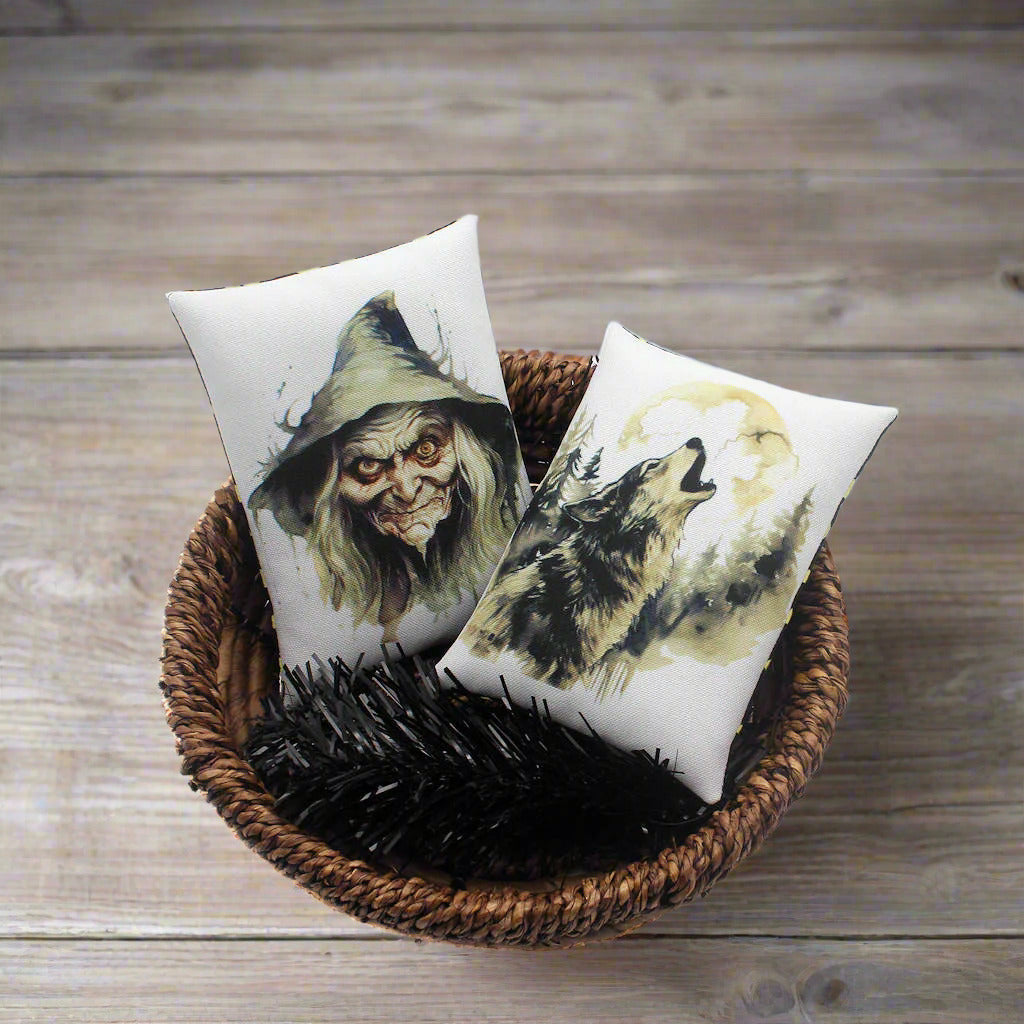 Set of two Halloween mini pillow bowl fillers with a creepy old witch and a howling wolf