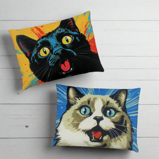 Set of two mini pillow bowl fillers with whimsical pop art cats