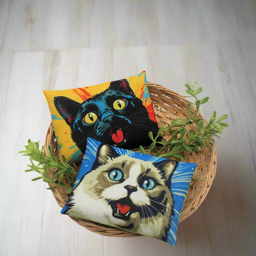 Set of two whimsical mini pillow bowl fillers with images of pop art cats