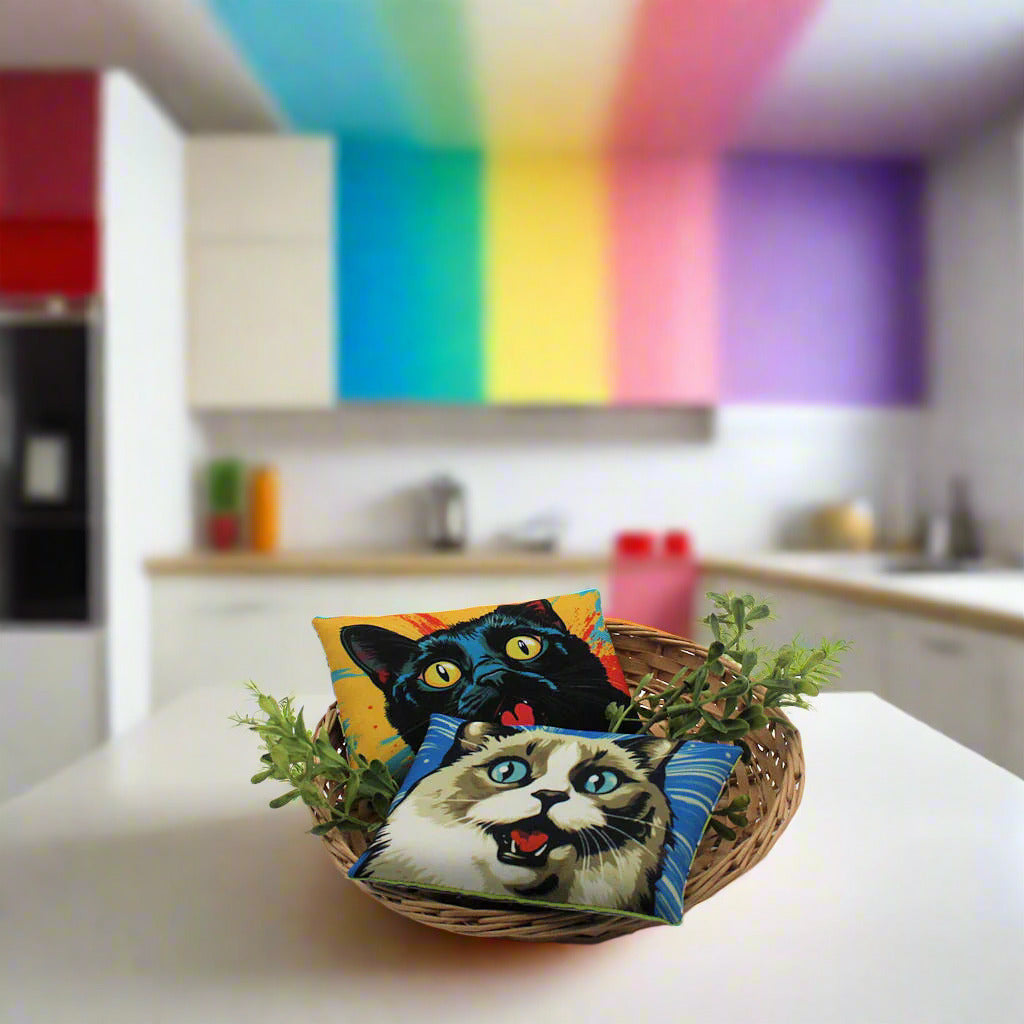 Set of two whimsical mini pillow bowl fillers with images of pop art cats