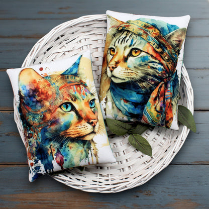 Colorful cat-themed pillows on a wicker basket with a wooden background