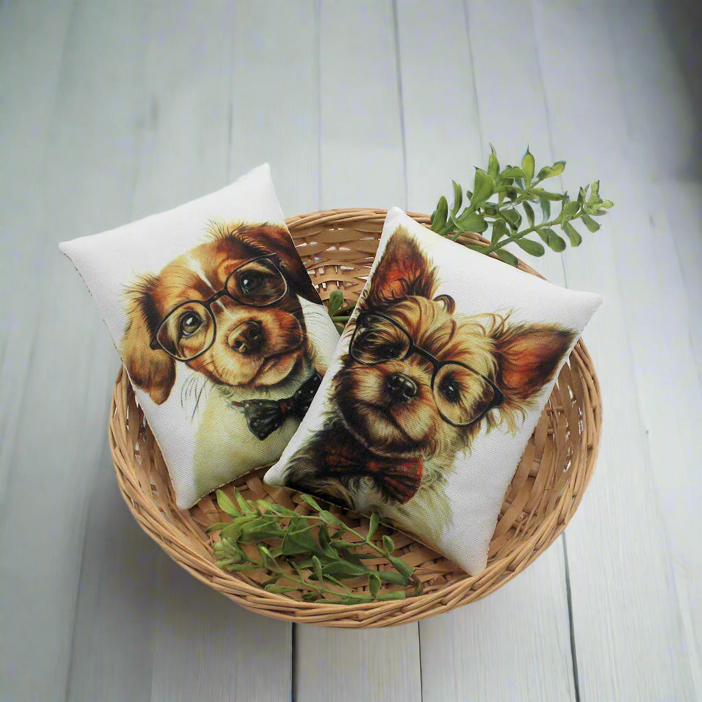 Set of two mini pillow bowl fillers with whimsical cute dogs wearing eye glasses