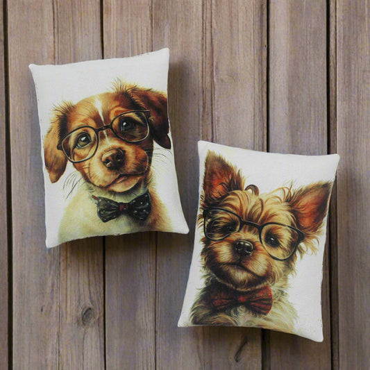 Set of two whimsical bowl fillers with cute dogs wearing eye glasses