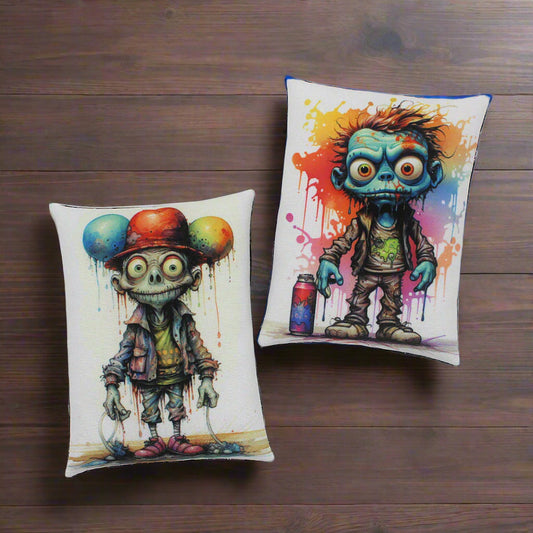 Set of two Halloween mini pillow bowl fillers with a couple of cute silly zombies