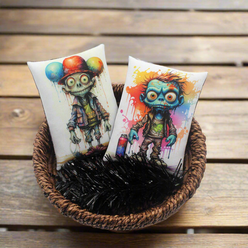 Set of two Halloween mini pillow bowl fillers with cute silly zombies