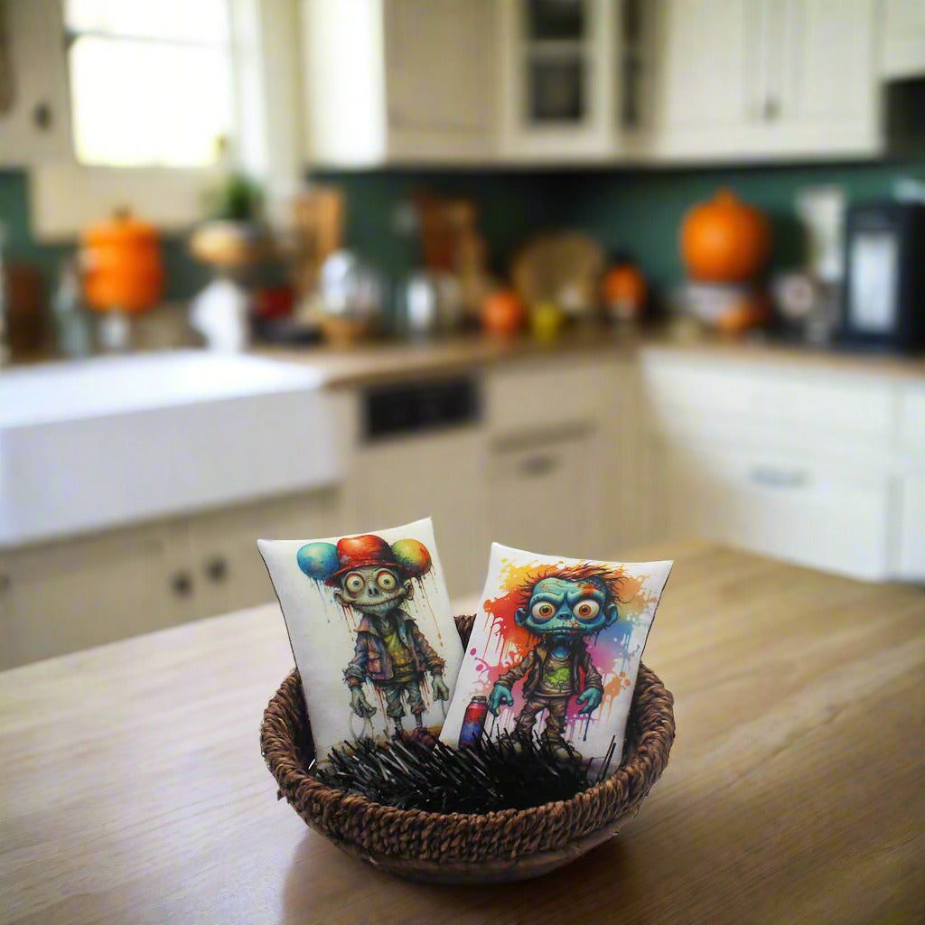 Set of two Halloween mini pillow bowl fillers with cute silly zombies